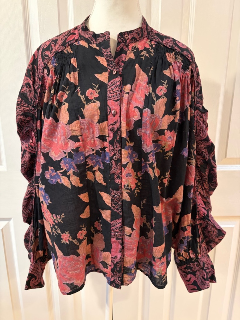 Free People Maraya Pink Floral Oversized Smocked Cotton Blouse Size S/M